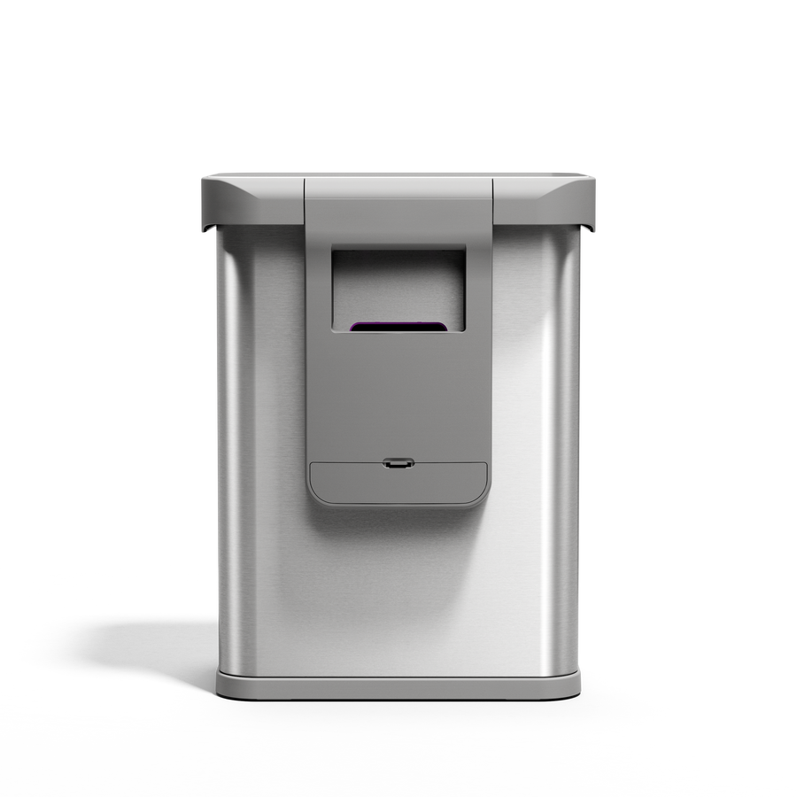Straight-on view of Simplehuman 58L Rectangular Sensor Can in Brushed Stainless Steel, touch-free operation.