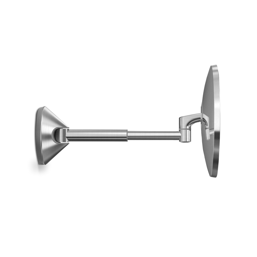 Side view of Simplehuman Hard-Wired Sensor Mirror, Brushed Stainless Steel, showing the adjustable extending arm.