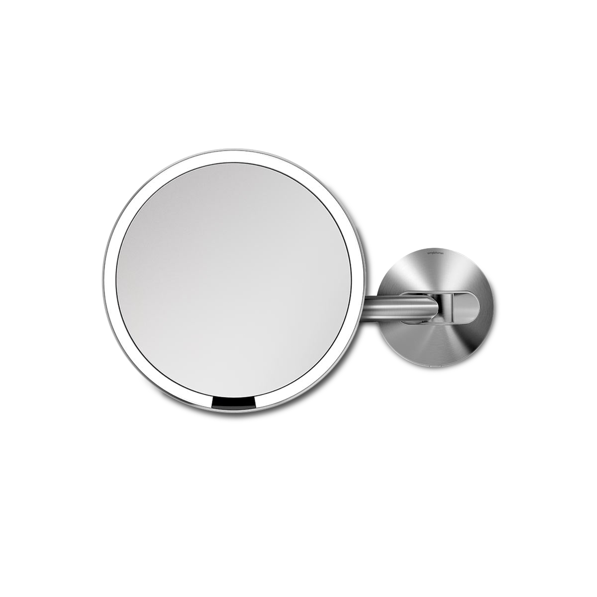 Simplehuman Hard-Wired Sensor Mirror, Brushed Stainless Steel, adjustable wall mount arm, and touch-free operation.