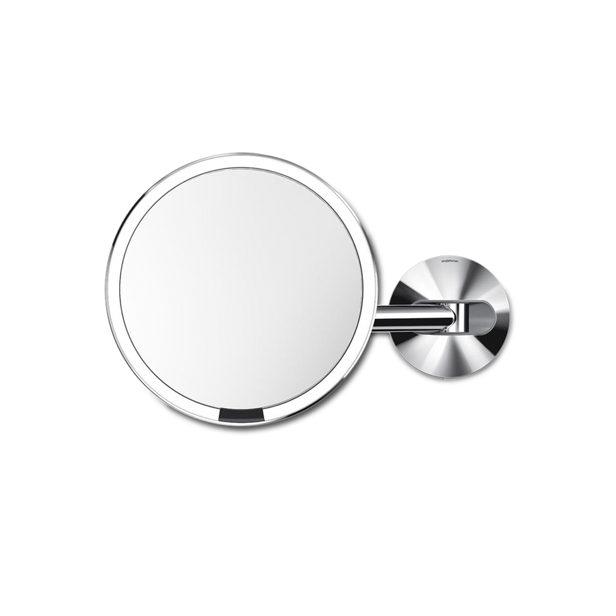 Front view of Simplehuman Hard-Wired Sensor Mirror, Brushed Stainless Steel, touch-free light, adjustable wall mount.