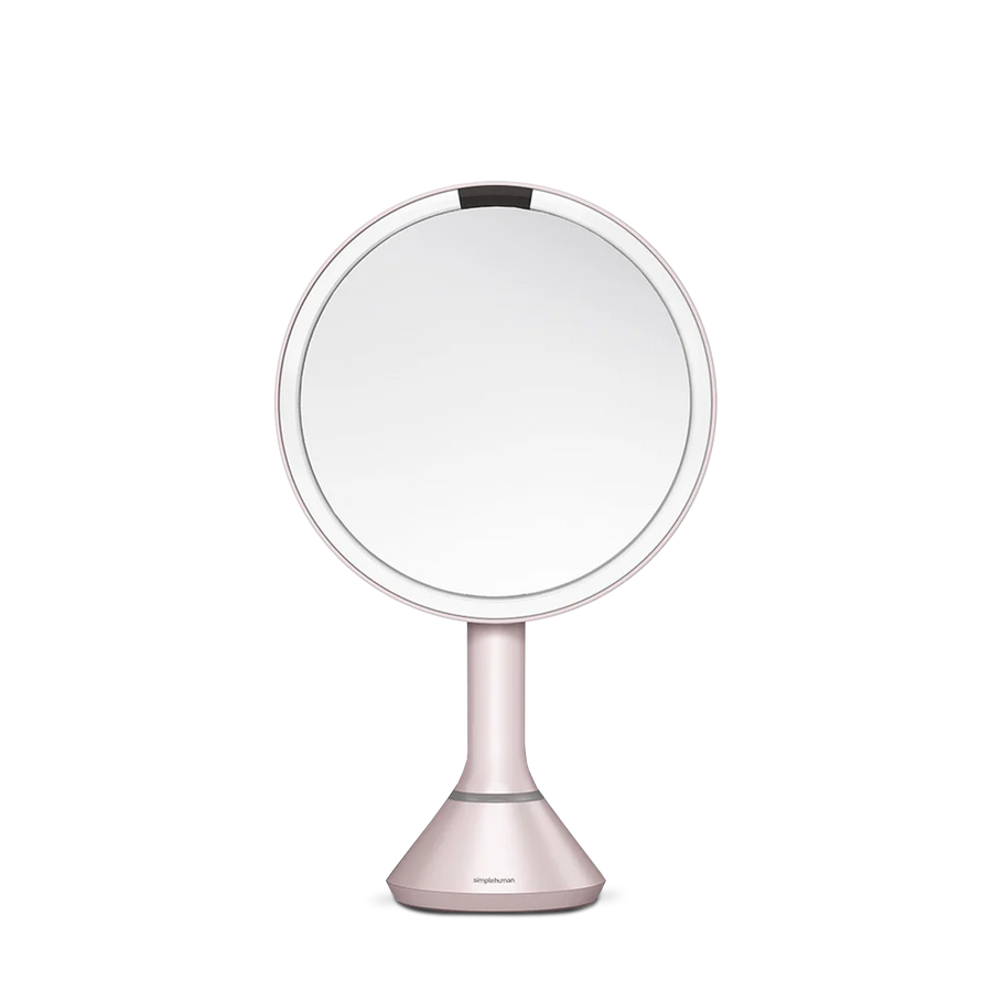 Front view, Simplehuman Rose Gold Sensor Mirror Round with touch-control brightness and dual light settings.
