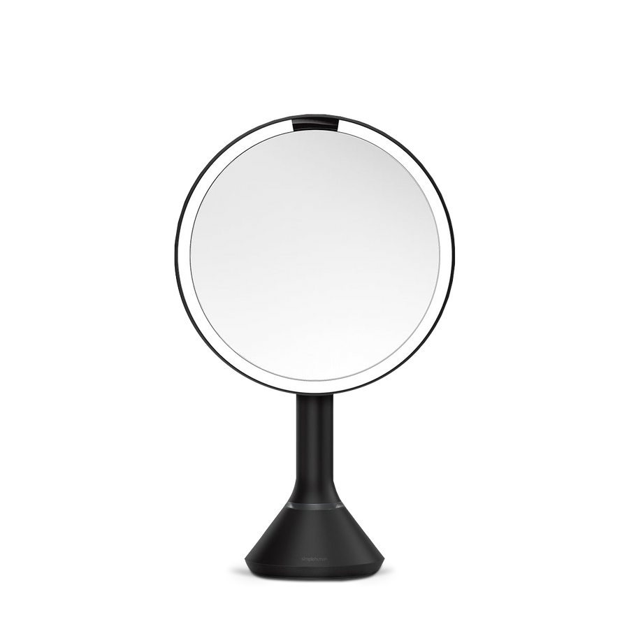 Simplehuman Matte Black Sensor Mirror Round with touch-control brightness and dual light settings.
