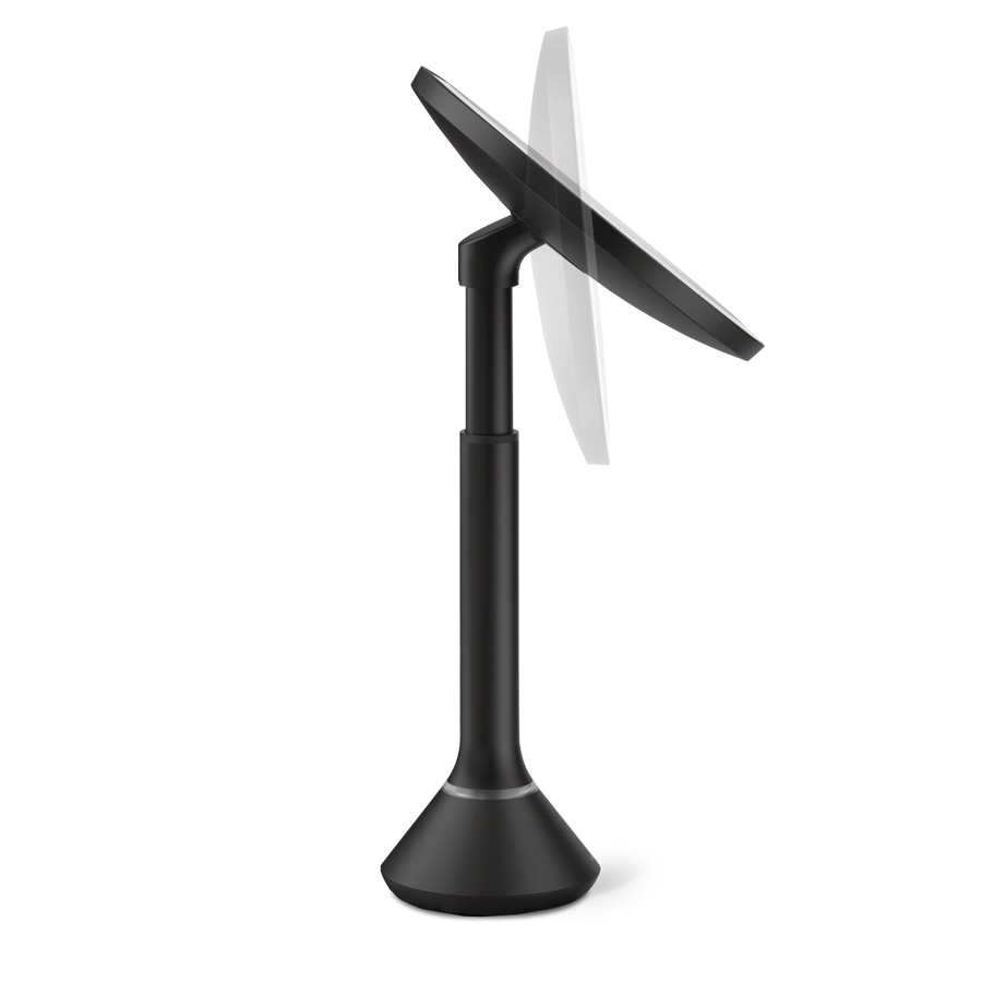 Simplehuman Matte Black Sensor Mirror Round. Mechanism view highlighting adjustable height and pivoting tilt.
