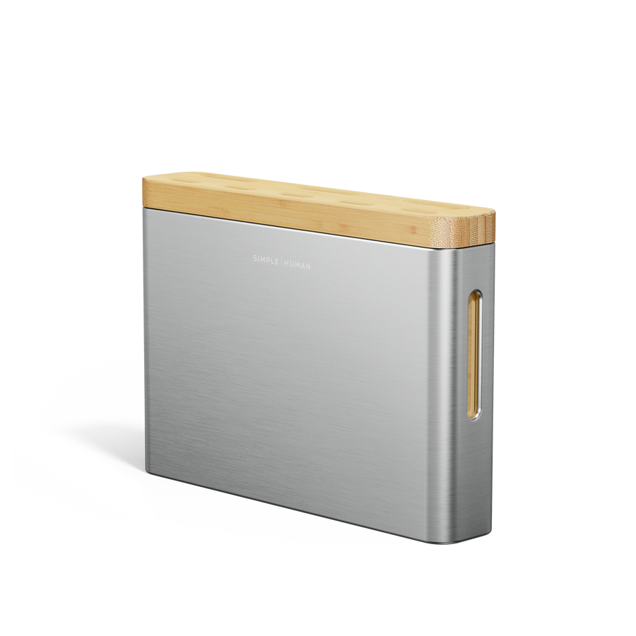 Simplehuman Brushed Stainless Steel Knife Block, Close-up showing Bamboo top and side window detail for drip tray access.