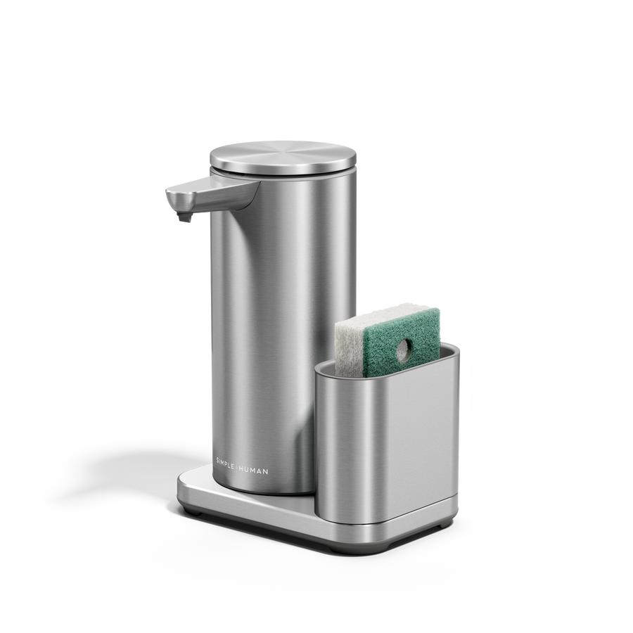 Angled view of Simplehuman 14 oz Sensor Pump + Caddy in Brushed Stainless Steel, touch-free operation.