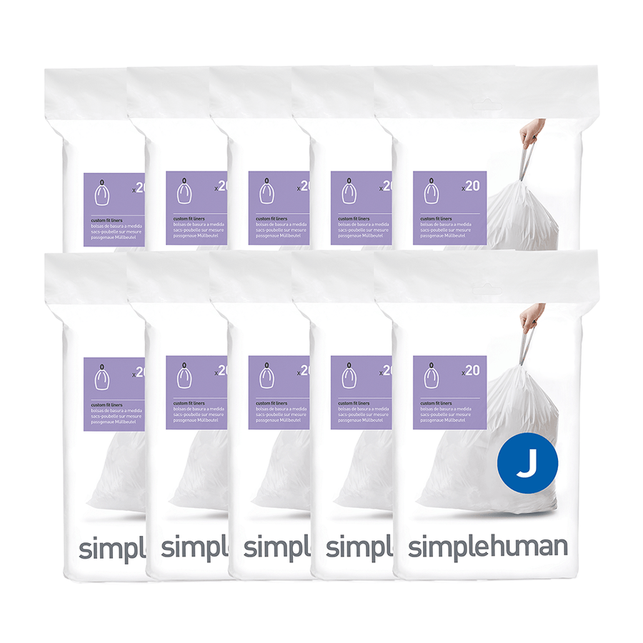 Simplehuman Custom Fit Liners Code J (white) bulk offering, showing ten 20-count packs with drawstring closure.