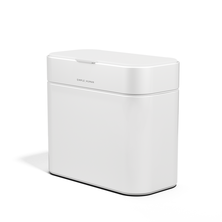 Angled view of Simplehuman White Compost Caddy showing sleek design and tight, odor-proof seal.