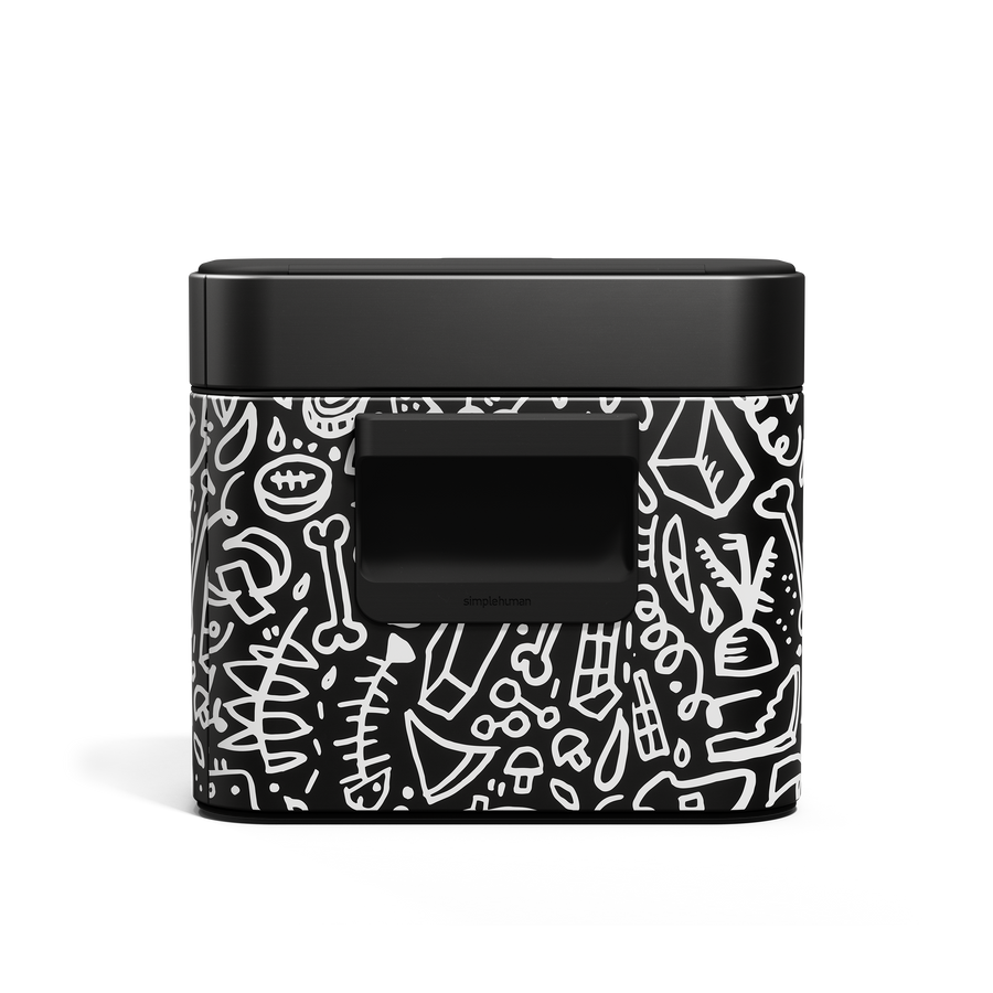 Simplehuman Matte Black Compost Caddy with white doodle pattern. Front view showing magnetic latch handle.