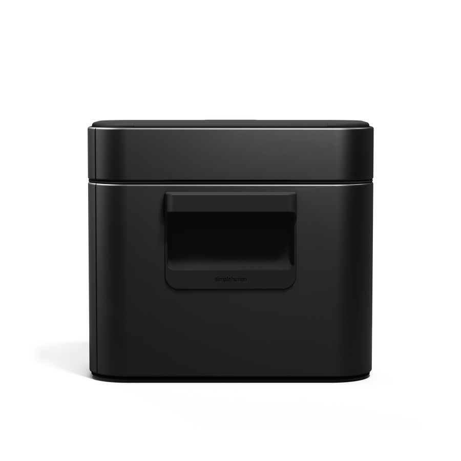 Simplehuman Matte Black Compost Caddy, profile view showing magnetic handle and sealed, odor-proof countertop design.
