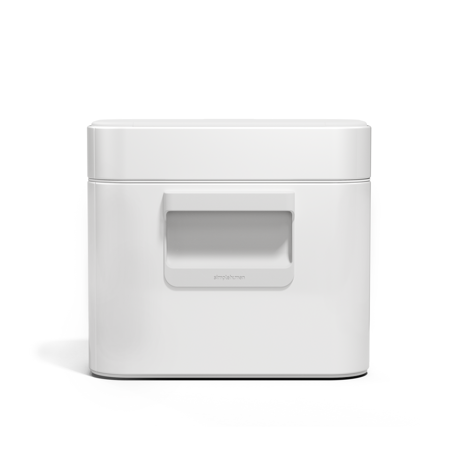 Simplehuman White Compost Caddy, straight front view highlighting the magnetic latch handle.