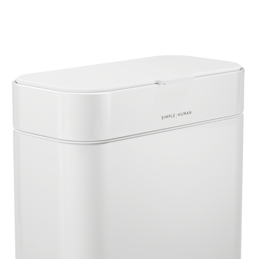 Simplehuman White Compost Caddy. Close-up showing branding and flush lid creating an odor-proof seal.