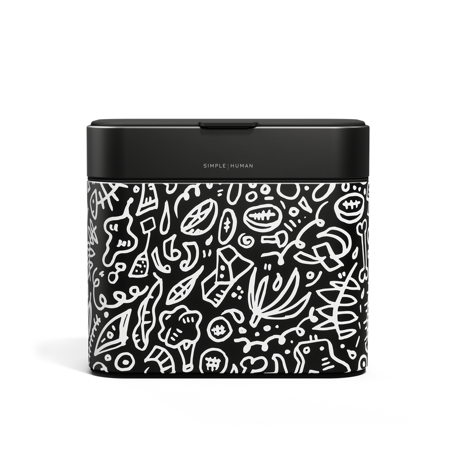 Simplehuman Compost Caddy in Matte Black with white doodle pattern, odor-proof countertop use.
