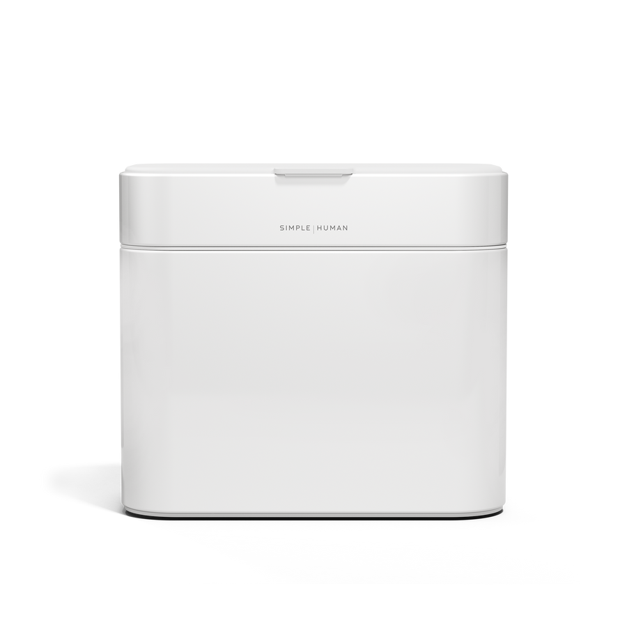 Simplehuman White Compost Caddy, tight front view showing branding and airtight seal.