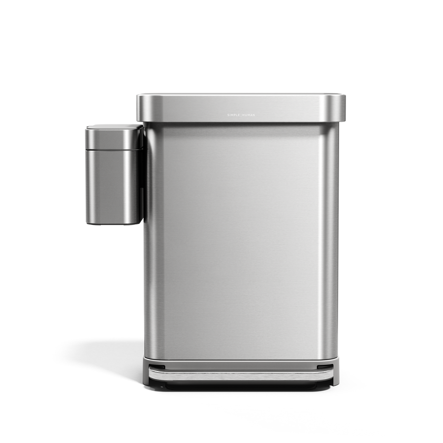 Simplehuman Brushed Stainless Steel Compost Caddy magnetically docked to a large kitchen step can.