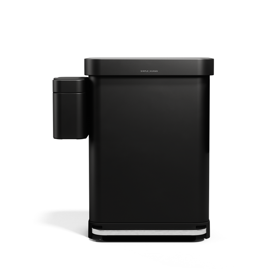 Simplehuman Matte Black Step Can with magnetically attached Compost Caddy, full front view.