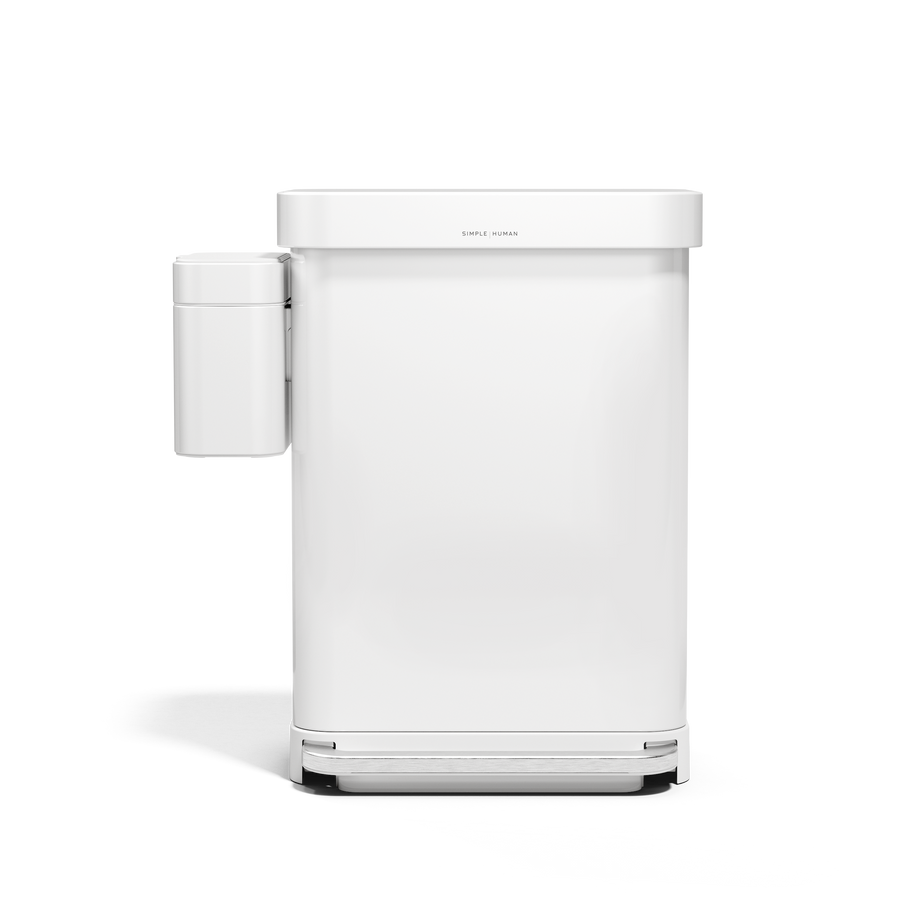 Side view of Simplehuman White Step Can with magnetically attached Compost Caddy for easy access.