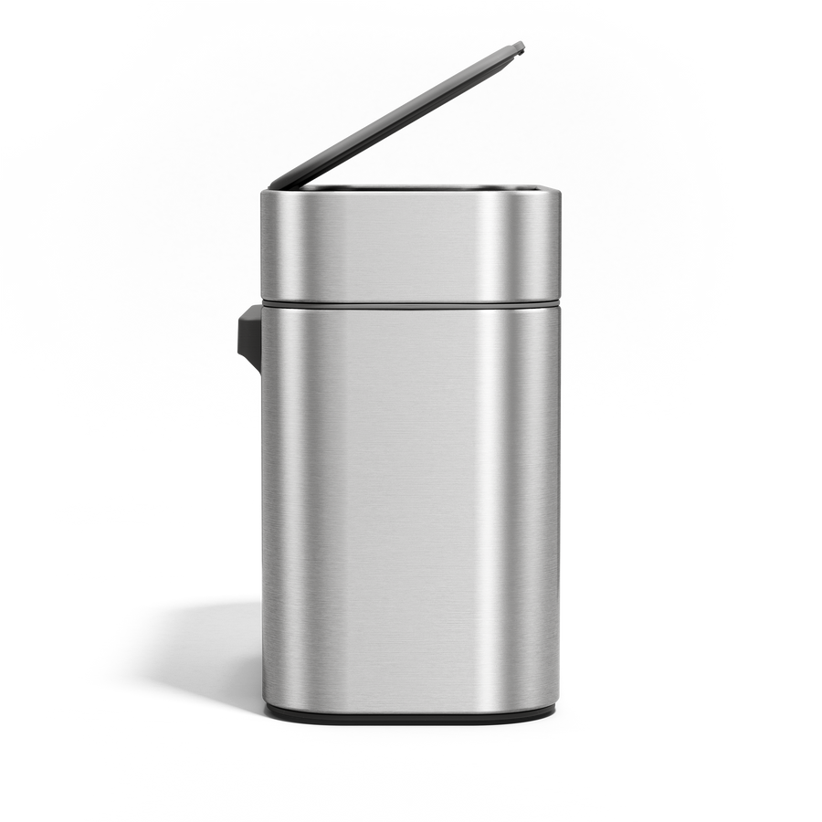 Simplehuman Brushed Stainless Steel Compost Caddy, front view with partially open lid for easy countertop use.