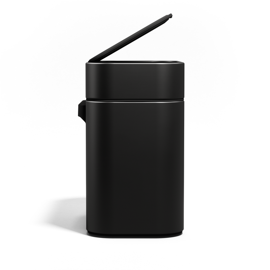 Simplehuman Matte Black Compost Caddy showing lid raised for easy access and use.