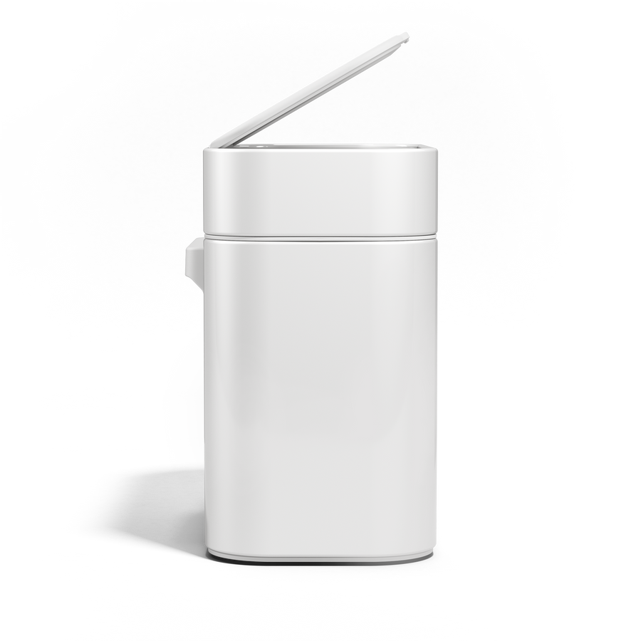 Front view of Simplehuman White Compost Caddy with lid slightly lifted for quick access.