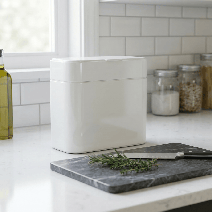 Simplehuman's White Compost Caddy in a bright, simple kitchen countertop settings around a bottle of oil and multiple mason jars.