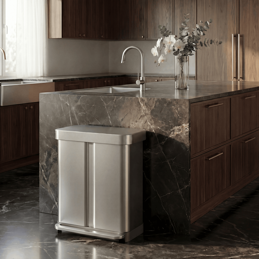 Simplehuman's 58L Step Recycler in Brushed in a modern kitchen setting white dark marble flooring and countertop featuring wooden cabinetry.