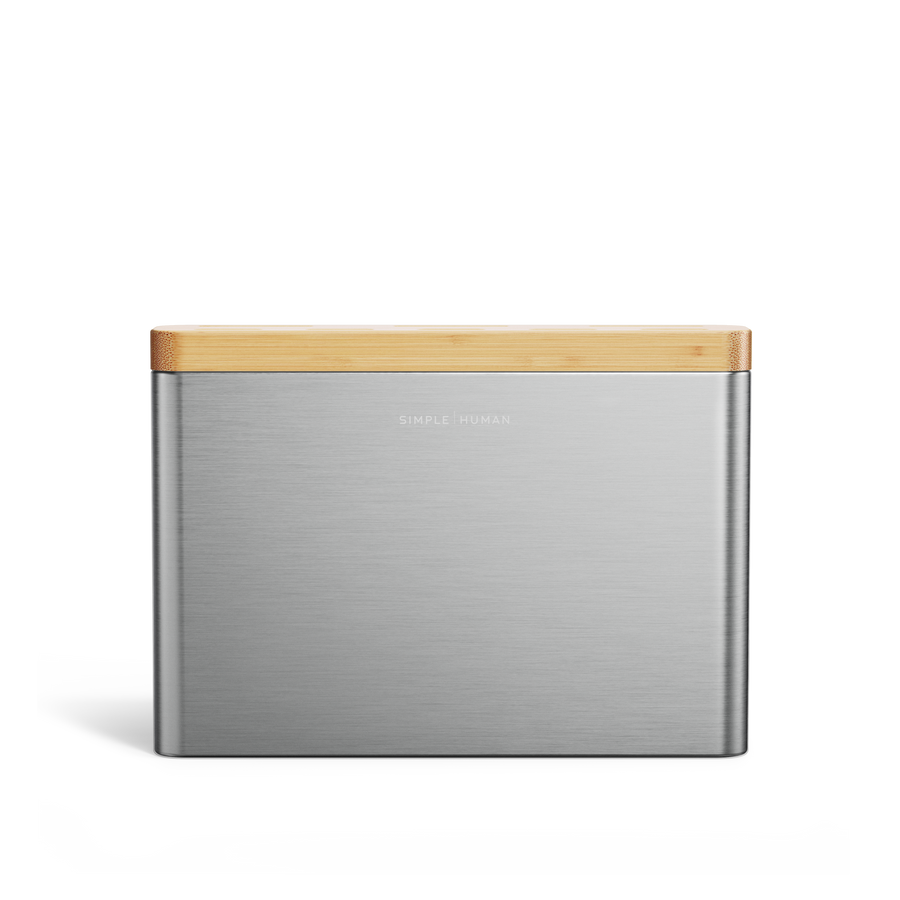 Front view of Simplehuman Brushed Stainless Steel Knife Block, minimalist design showing the Bamboo top edge.