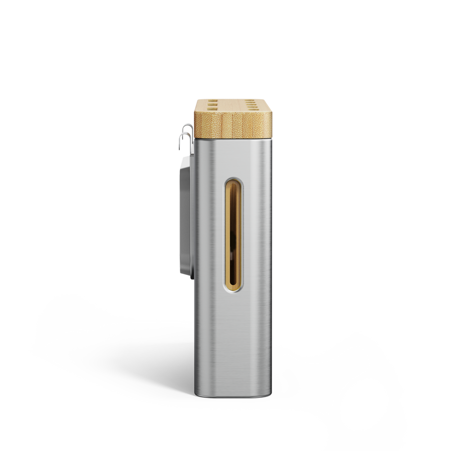 Simplehuman Brushed Stainless Steel Knife Block, Close-up of side window revealing the removable bamboo drip tray.