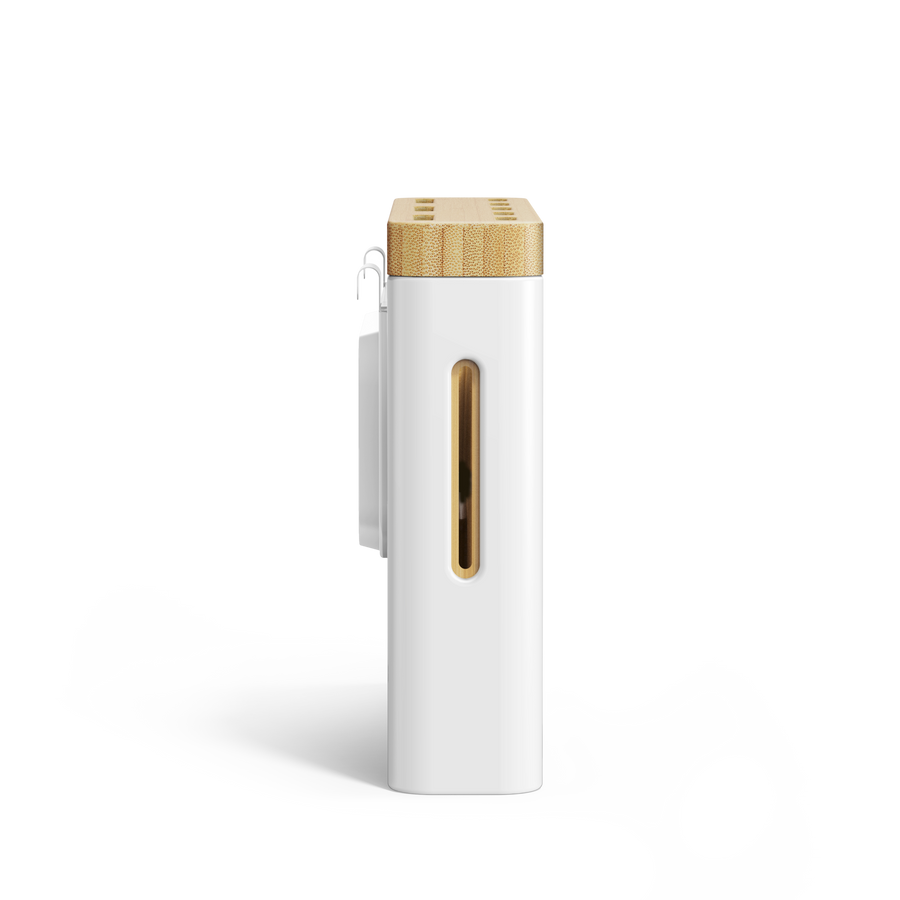 Detail view of Simplehuman White Knife Block (Bamboo top), side access slot for removable brass drip tray.