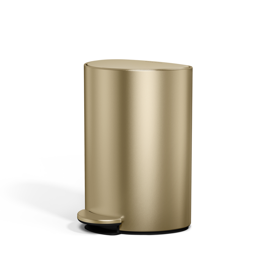 Simplehuman 6L Semi-Round Step Can in Brass, space-saving design with durable hands-free pedal.