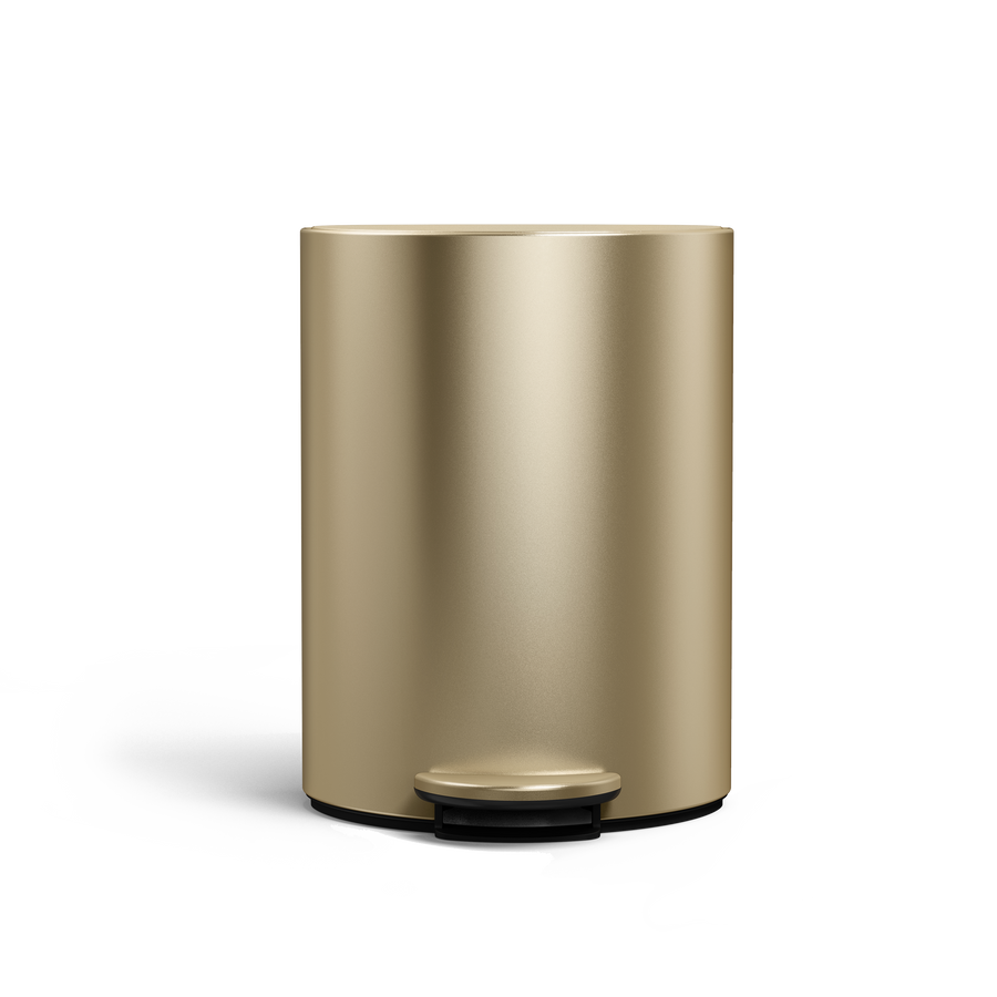 Simplehuman 6L Semi-Round Step Can in Brass, studio view, space-saving shape, hands-free foot pedal.