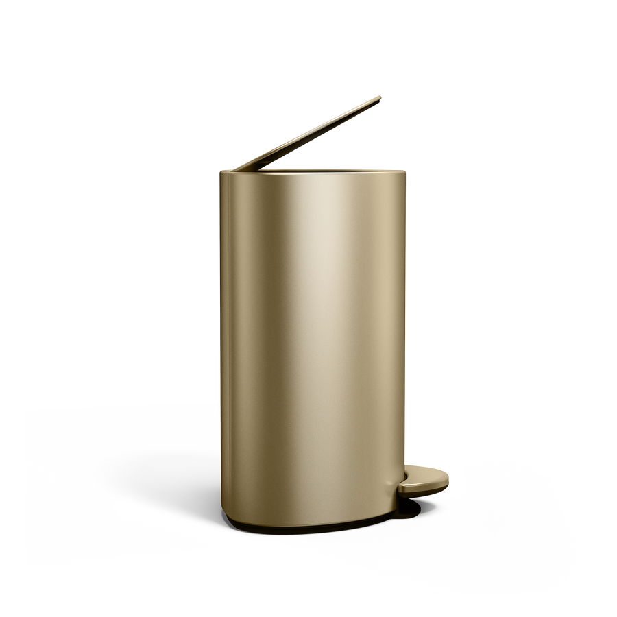 Simplehuman Brass 6L Semi-Round Step Can, side profile with lid raised, hands-free operation.