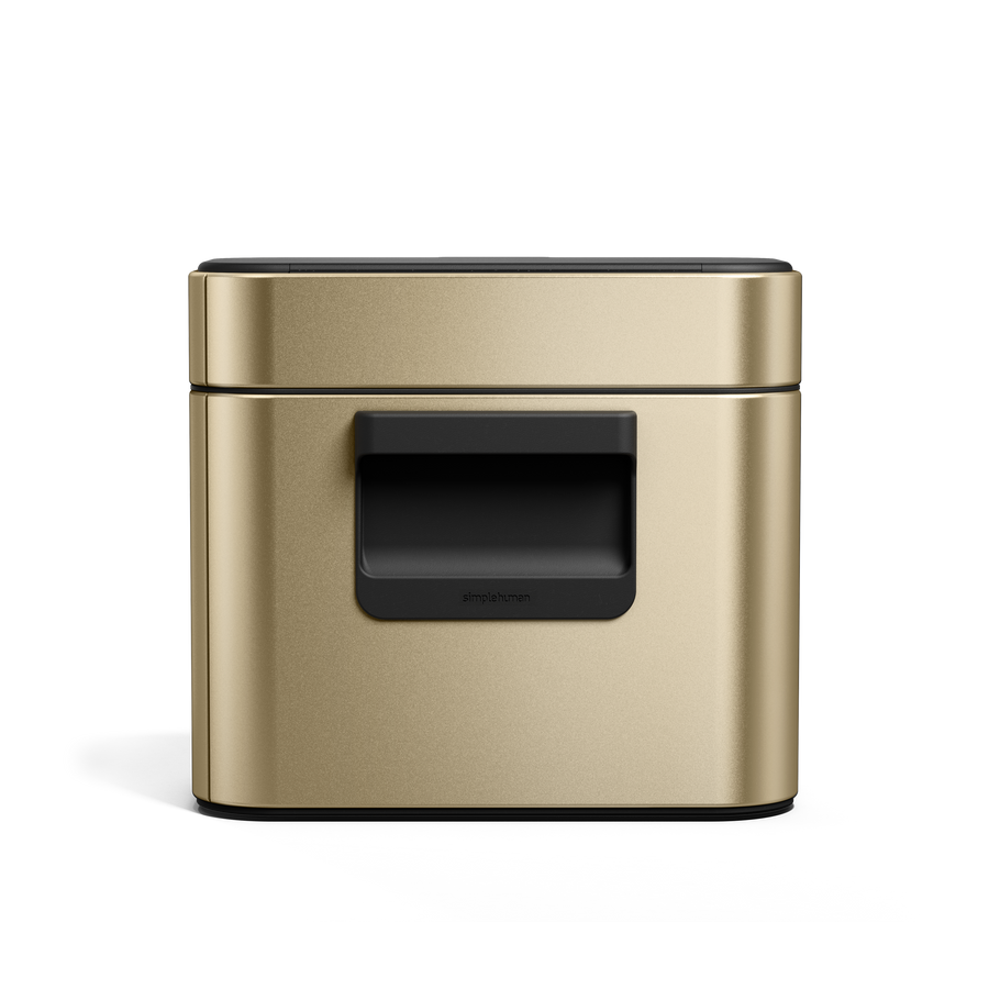Simplehuman Brass Compost Caddy, straight front view detailing the black magnetic handle and airtight seal.
