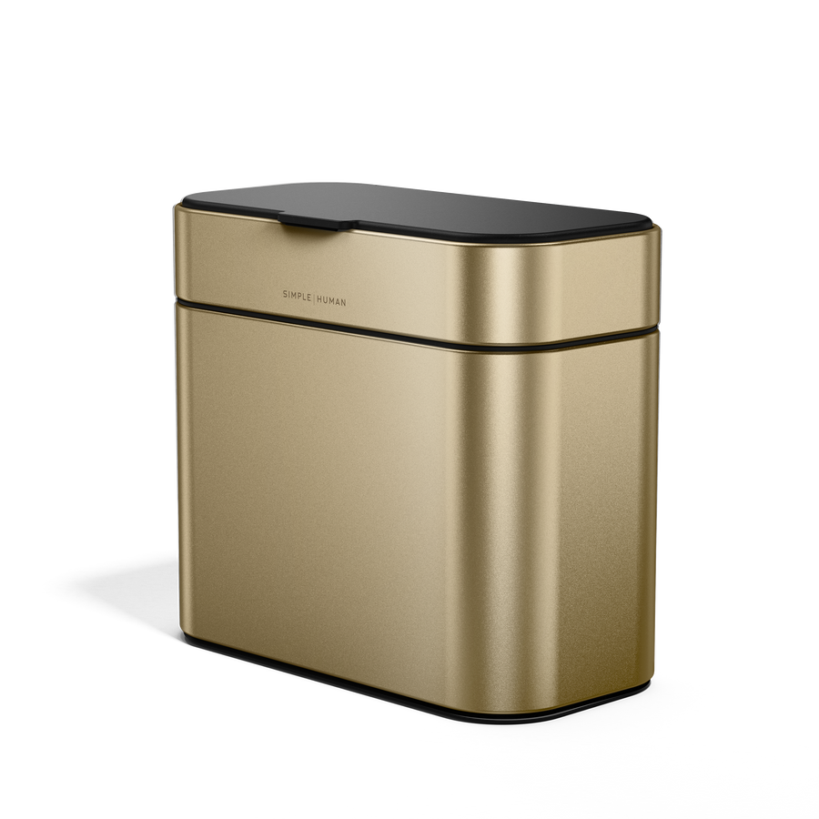 Simplehuman Brass Compost Caddy, angled view, showing tight odor-proof seal and magnetic latch.