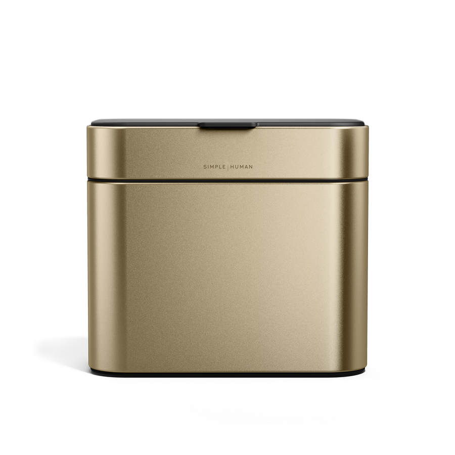 Simplehuman Brass Compost Caddy, tight front view showing odor-proof seal and magnetic latch.