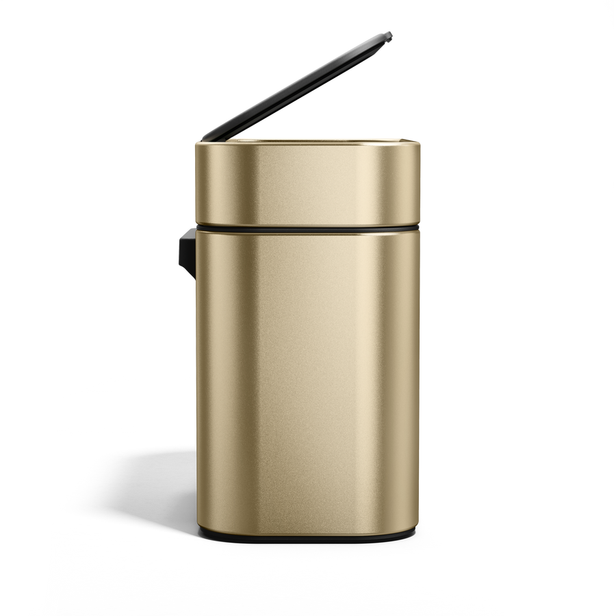 Profile view of Simplehuman Brass Compost Caddy with raised lid for quick food scrap disposal.