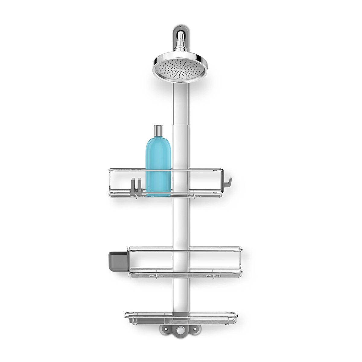 Simplehuman Large Adjustable Shower Caddy in Polished Stainless Steel with adjustable shelves and modular quick-dry soap dish.