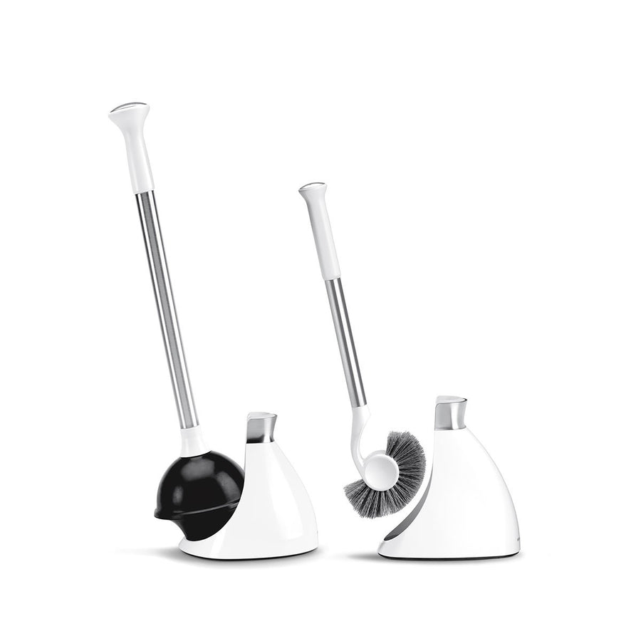 Simplehuman Toilet Brush and Plunger set, White/Brushed Stainless Steel. Tools are lifted from caddies showing ergonomic handles.