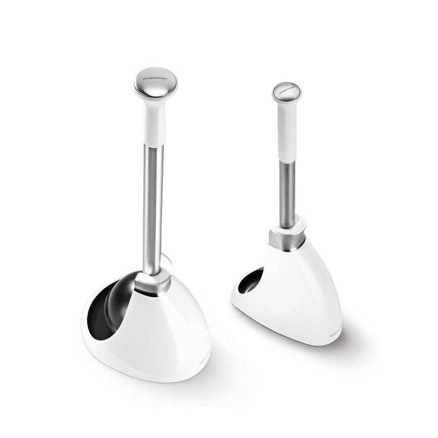 Angled view of Simplehuman Toilet Brush and Plunger set in White/Brushed Stainless Steel with dome covers, hygienic storage.