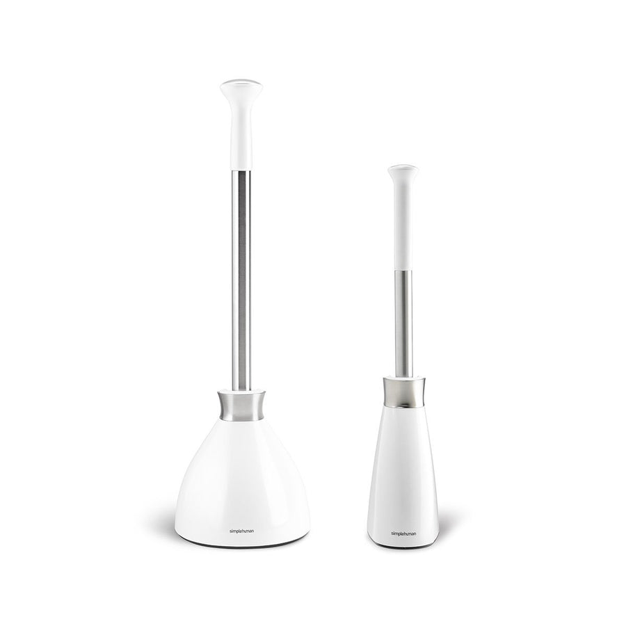 Simplehuman Toilet Plunger and Toilet Brush systems in White/Polished Stainless Steel, designed for drip-free storage