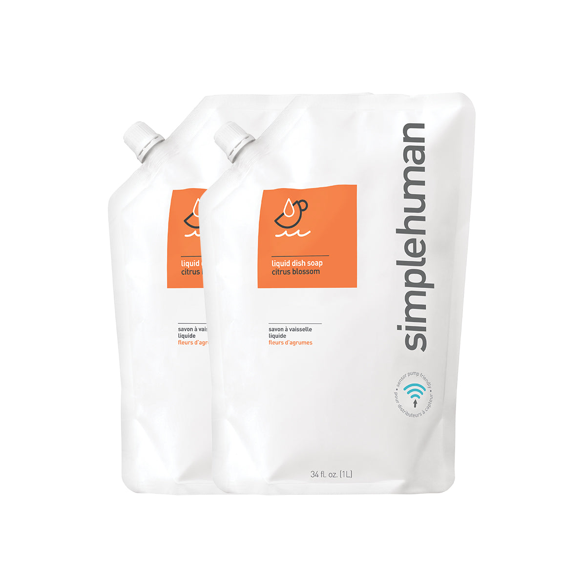Simplehuman Liquid Dish Soap Refill Pouches (2-pack), Citrus Blossom scent, 34 fl oz, sensor pump friendly.