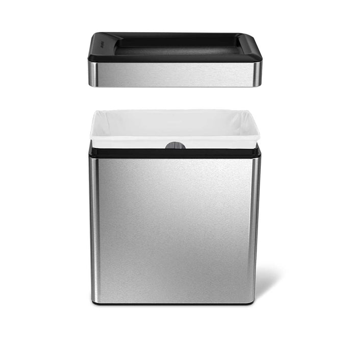 Simplehuman 10L Slim Open Can, Brushed Stainless Steel, with top removed revealing liner bag tuck mechanism.