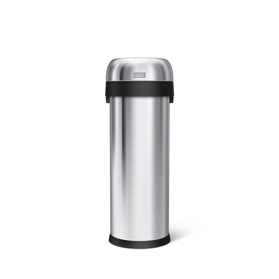 Front view of Simplehuman 50L Slim Open Can, Brushed Stainless Steel, space-saving design for high-traffic use.