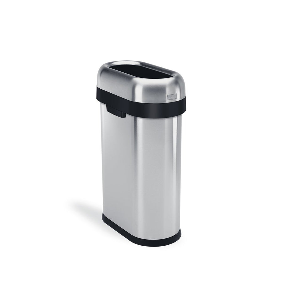 Angled view of Simplehuman 50L Slim Open Can, Brushed Stainless Steel, high-capacity and space-saving.