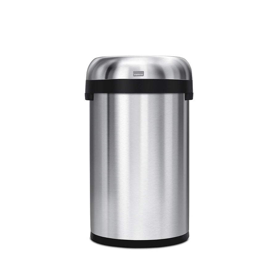 Front view of Simplehuman 60L Semi-Round Open Can, Brushed Stainless Steel, open top, space-saving design