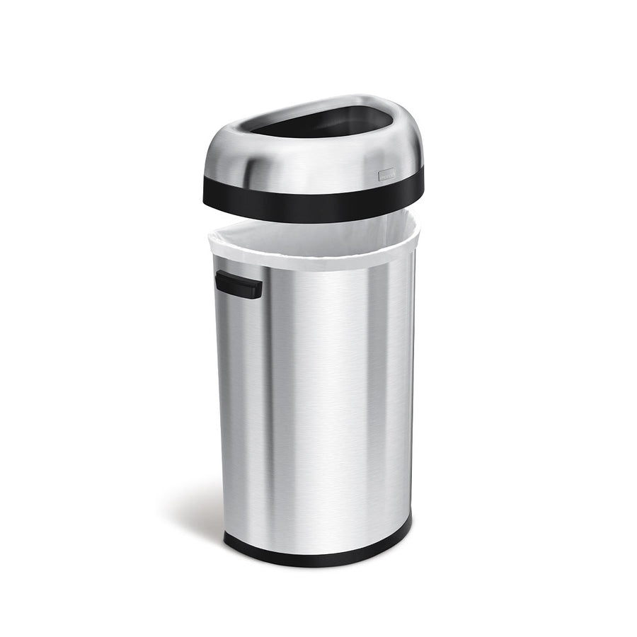 Detail view of Simplehuman 60L Semi-Round Open Can, Brushed Stainless Steel, showing lift-off lid and side carry handle.