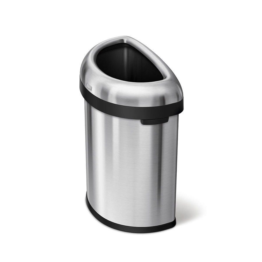Simplehuman 80L Semi-Round Open Can in Brushed Stainless Steel, fits flush against wall, easy disposal.