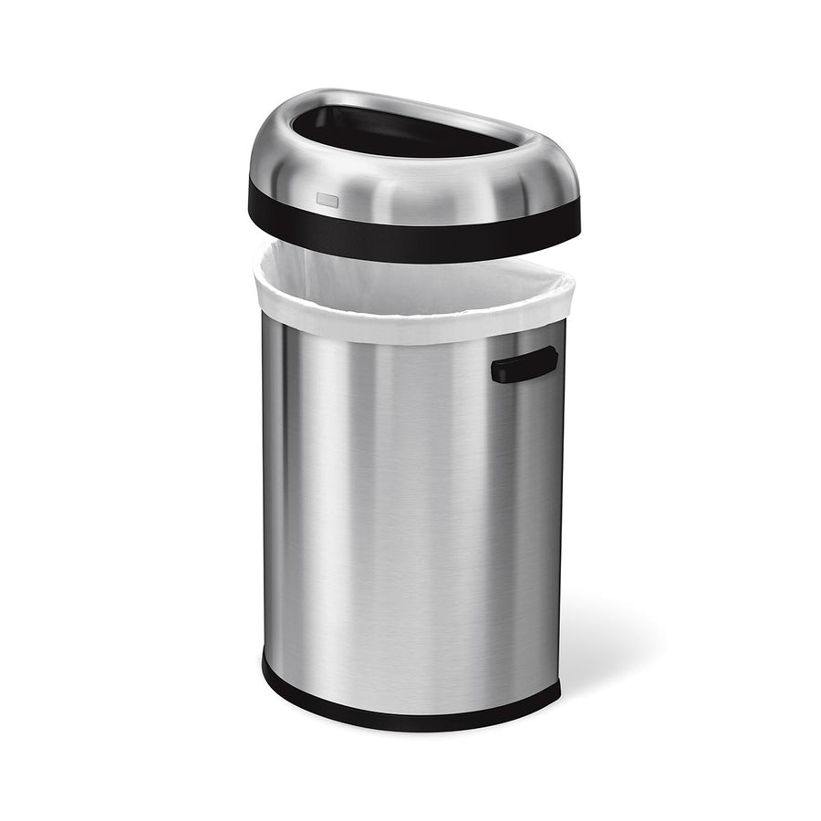 Simplehuman 80L Semi-Round Can, Brushed Stainless Steel, showing lift-off collar and side handles for easy bag removal.
