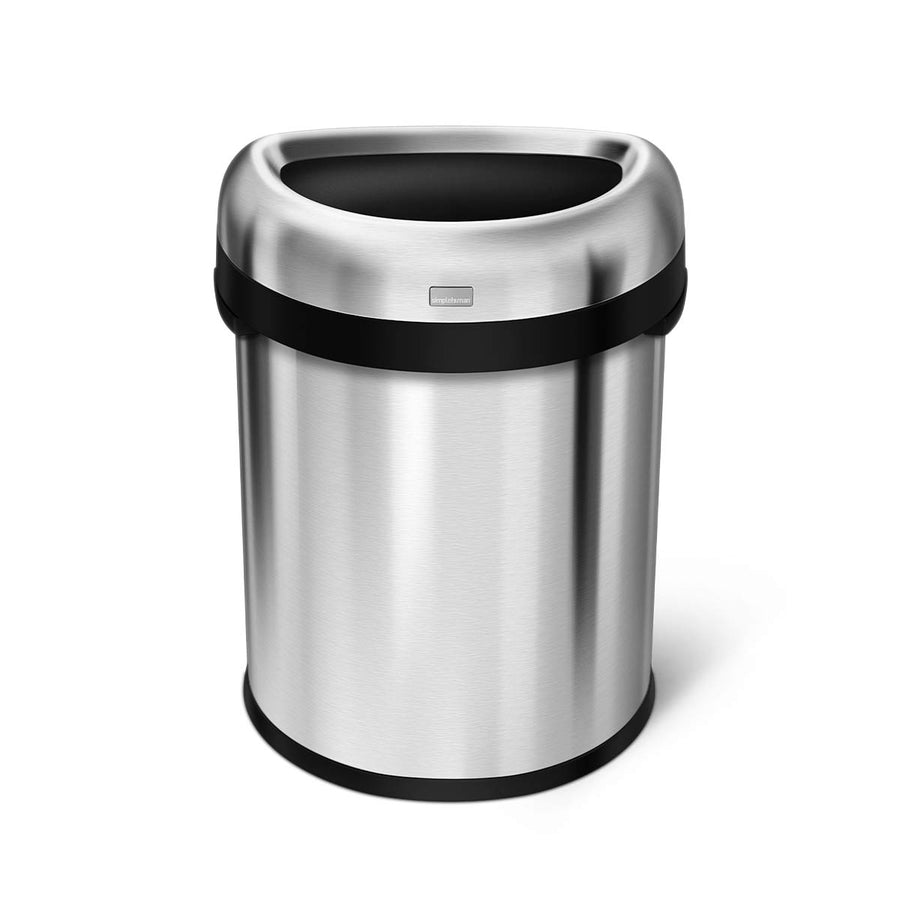 Angled view of Simplehuman 80L Semi-Round Open Can in Brushed Stainless Steel, high-capacity, easy-access design.
