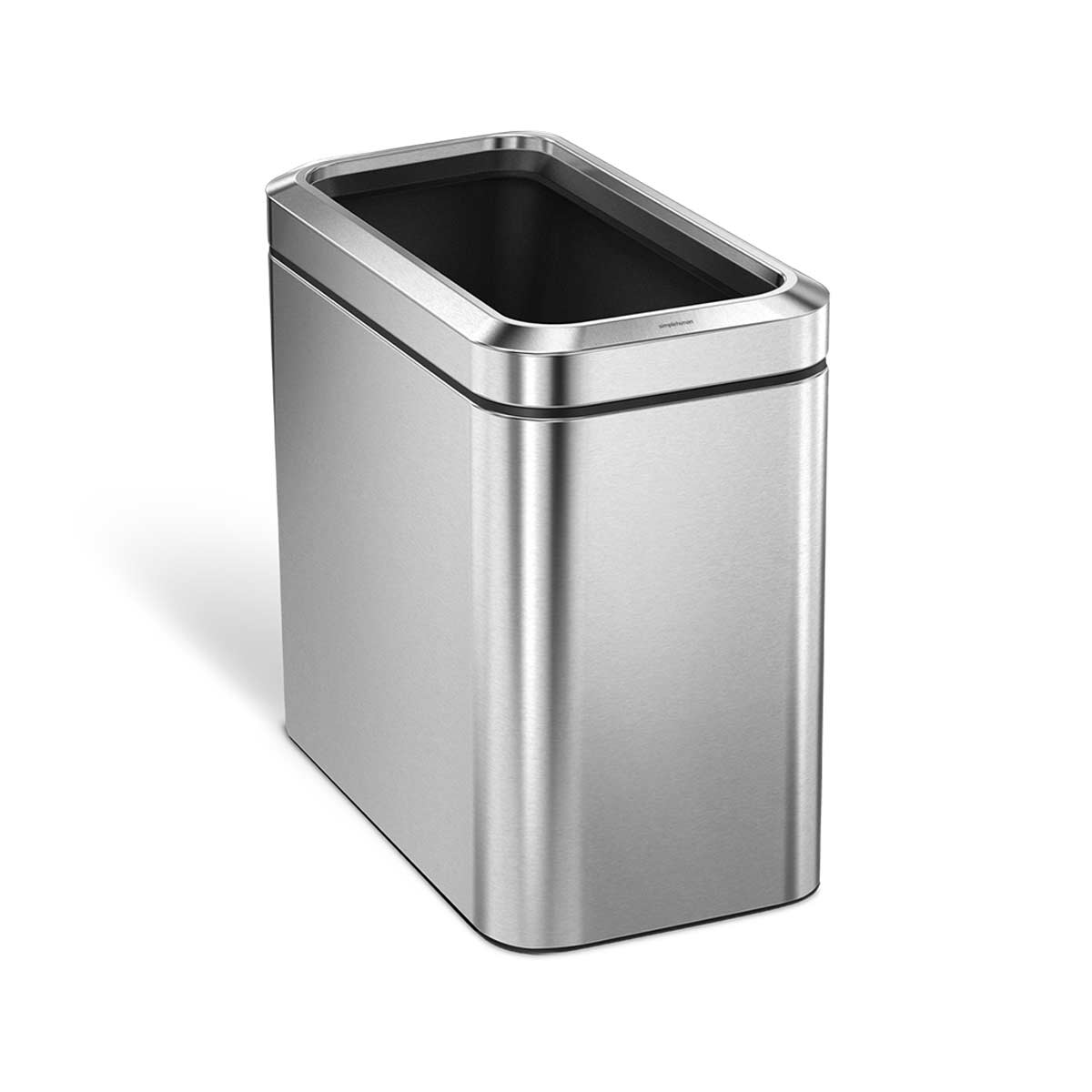 Front angled view of Simplehuman Brushed Stainless Steel Slim Open Can, space-saving design with open top.