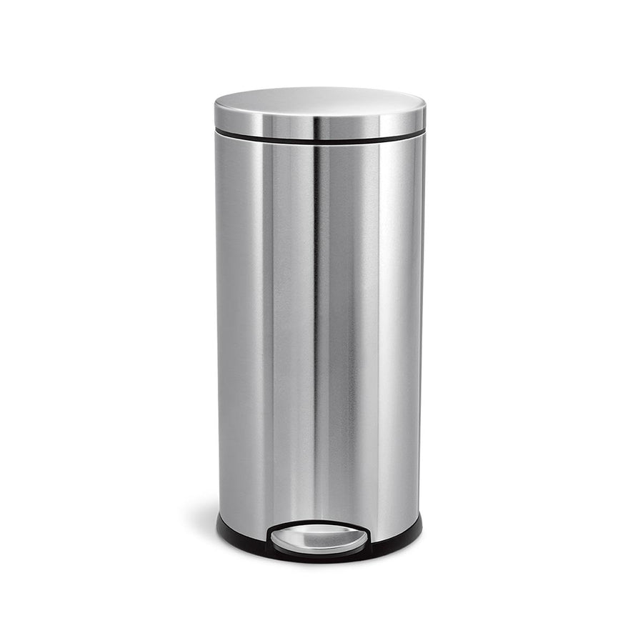 Angled view of Simplehuman 30L Round Step Can in Stainless Steel, durable hands-free foot pedal.